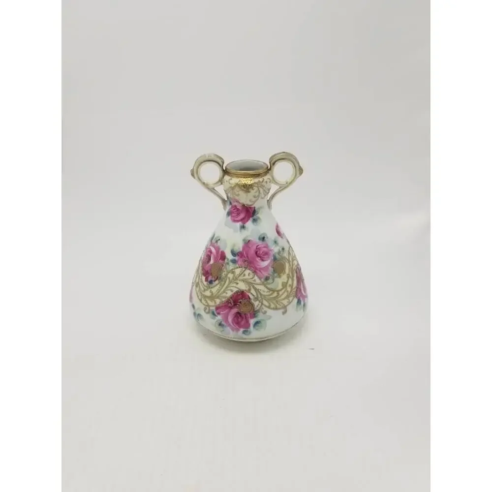 Antique Nippon Maple Leaf Vase Pink Roses Moriage Gold Double Handle (Repaired)